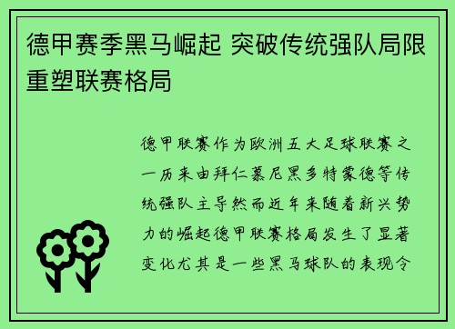德甲赛季黑马崛起 突破传统强队局限重塑联赛格局