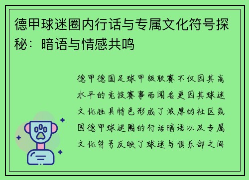 德甲球迷圈内行话与专属文化符号探秘：暗语与情感共鸣